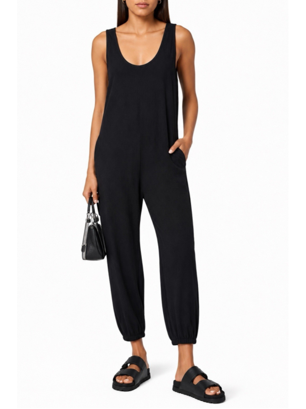 Splits59 Airweight Jersey Slouchy Jumpsuit Black Sleeveless Womens Size M/L